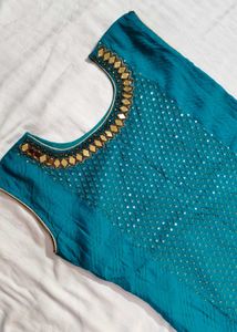 Women Teal Blue Sequence Chanderi Cotton Suit Set