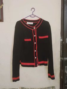 Embellished Blue Knit sweater cardigan and black s