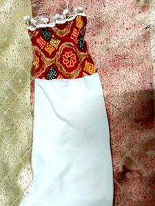 Fusion White Cotton Kurti Dress with Ethnic Red