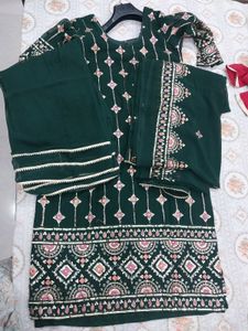 Dark Green Kurta With Plazo And Dupatta