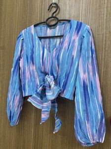 Blue Striped Tie-Front Crop Top