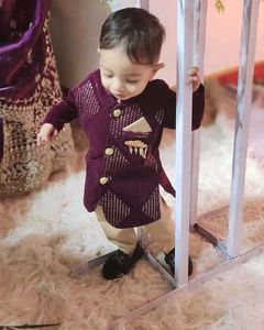 Kids Wine Colour Sherwani With Golden Pant