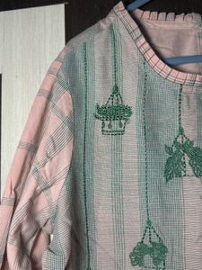 Pink Emobrordery Checked Kurta