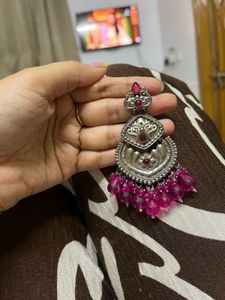 Oxidized Silver &amp; Pink Beaded Earrings