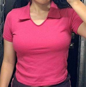 Rose Pink Ribbed Polo-neck Crop Top