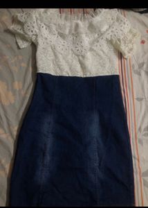 White Dress With Attached Denim Skirt