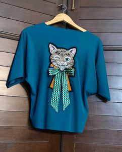 Women Teal blue Cat Bow Embellished Top