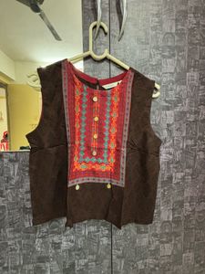 Brown Sleeveless Top with Embroidery M Size
