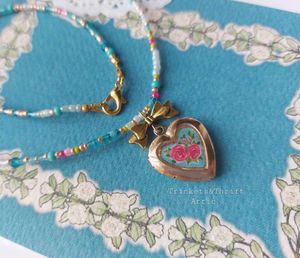 Hand painted Heart Locket Beaded Necklace