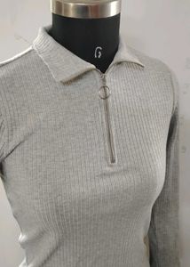 Gray Ribbed Quarter Zip Pullover