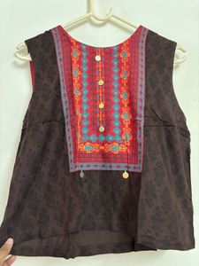 Brown Sleeveless Top with Embroidery M Size