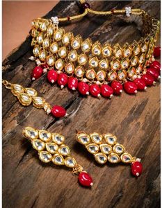 Kundan And Red Beads Dangling Choker