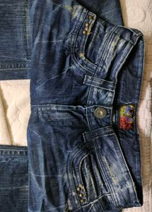 Vintage Studded Dark Wash Textured Flare Denim