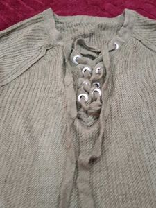 Olive Green Lace-Up Sweater
