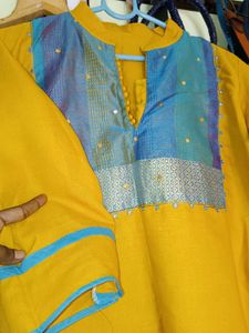 Mustard Yellow Kurti with Blue Accent