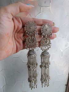 BOHO Silver Long Chandelier Jhumka Earrings