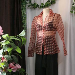 Zara Brown Checkered Sheer Shirt