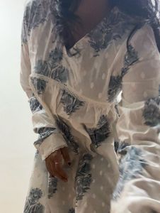 White Blue Print Full Sleeve Kurti