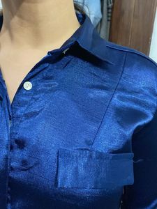 Navy Blue Satin Shirt Dress