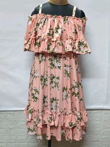 New Piece Floral Ruffle Midi Peach Dress For M Siz