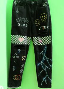 y2k customised printed jeans black charcoal grunge