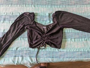 RSVP Nykaa Black Ribbed Drawstring Crop Top