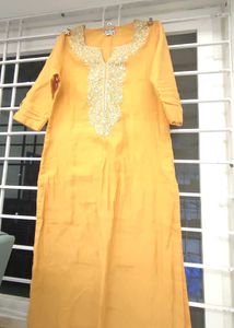 Mustard Yellow Cotton Embroidery Kurthi