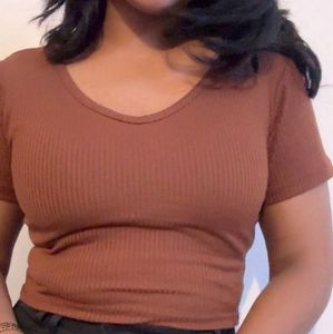 Brown Ribbed V-Neck Top
