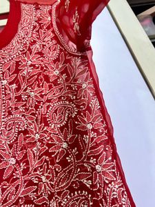 Red Chikankari Embroidered Kurta