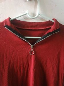 Red Zipper Mock Neck Top