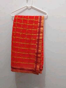 Orange & Gold Checkered Saree