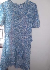 Women Stunning Blue Floral Feminine Frills Dress