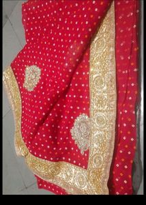 Red Bandhani Saree with Gold Embellishments