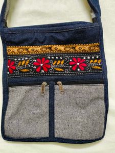 Unisex Denim Crossbody Bag with Embroidery Work