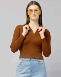 Brown V-Neck Long Sleeve Top