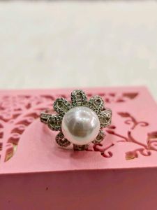 Pearl &amp; Diamond Ring 925 Sterling Silver