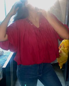 Red Flowy Mirror Work Top/Blouse