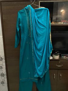 Teal Embroidered Kurta Set Handstiched