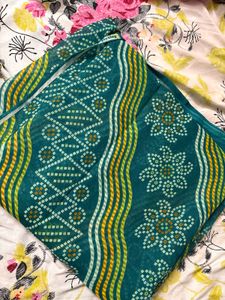 Teal &amp; Yellow Printed Saree
