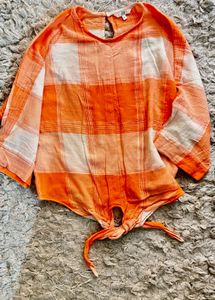 AND Orange Plaid Tie-Front Top