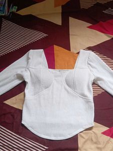 White Ribbed Knit Square Neck Long Sleeve Top