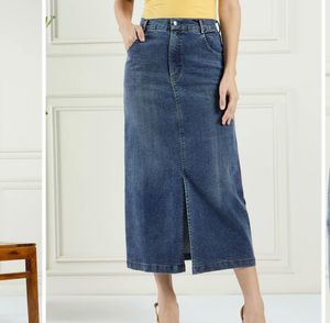 Denim Midi Skirt with Slit