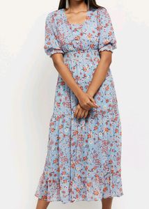 Floral Printed Puffed Sleeves Tiered Dress