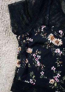 Floral Print Crop Top with Mesh Trim