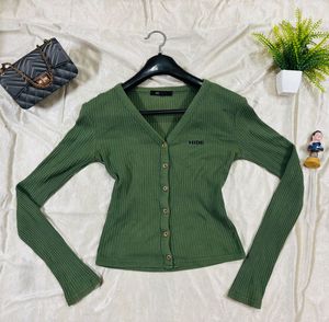 Green Ribbed Button-Down Top