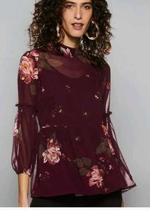 Casual BalloonSleeve Floral Print Women Maroon Top