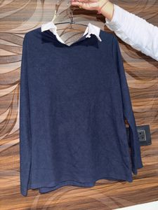 Navy Blue Collared Sweater With Pearls