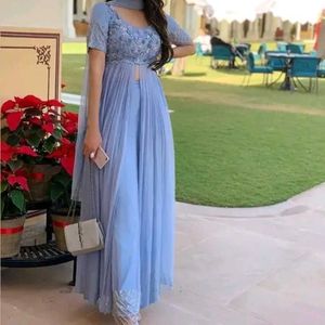 Sky Blue Front Slit Kurta With Pant And Dupatta