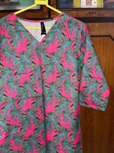 Pink Leaf Print V-Neck Tunic Kurta Top