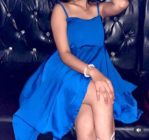 blue silk backless with tie up straps middy dress